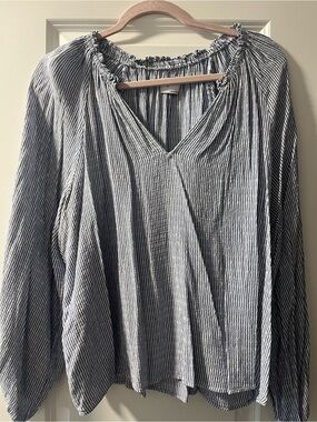 Women's Striped V-Neck Long Sleeve Peasant Top - blue & White